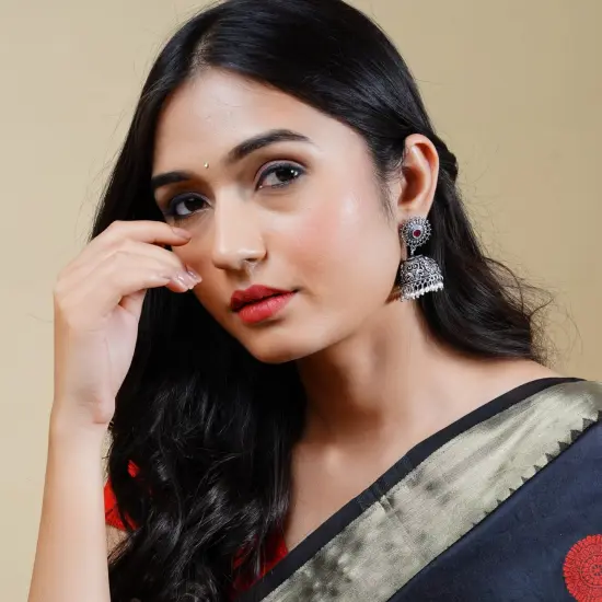 Indian Oxidized Jhumka Earrings for Women - Indian Floral Oxidized Jhumki Ethnic Chandbali Earrings Faux Pearls with Oxidized Platting Bollywood Style Dangle Earring Jewelry for Bride BLACK {2}