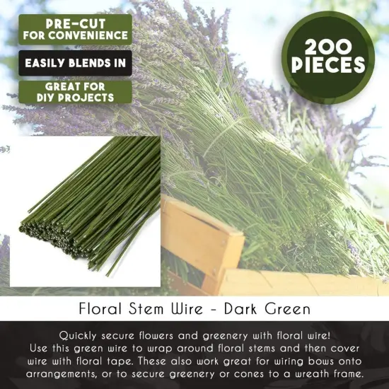 200 Pieces 19 Gauge Dark Green Floral Stem Wire for DIY Crafts, 16 In Paper Wrapped Wire for Artificial Flower Arrangements {6}
