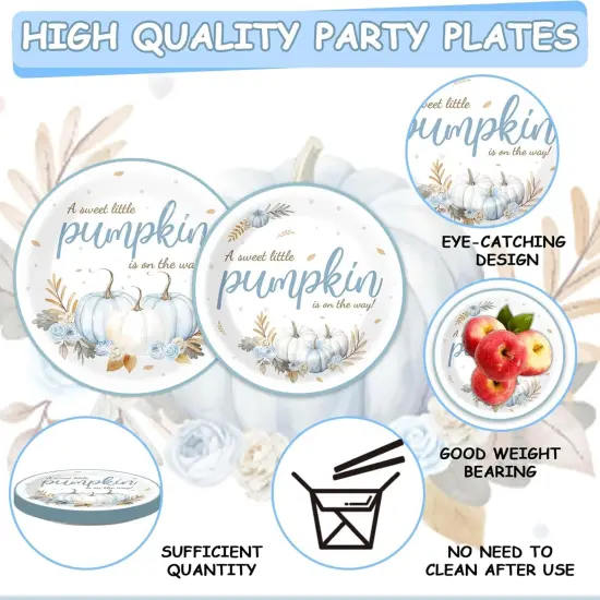 96Pcs Baby Shower Tableware Set &ndash; Blue Fall Little Pumpkin Theme, Serves 24 {3}