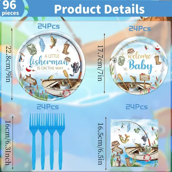 96 Pcs Fishing Baby Shower Tableware Set &ndash; Fish Theme Plates & Napkins {2}