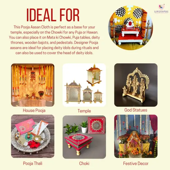 Cloth Pooja Mat Aasan Decorative Silk Mix Fabric Cloth for God Goddess Idol Puja Asan Mandir Temple Home Office Decor Base Chowki Asana Indian Festival Diwali Decoration - Housewarming Gift Red {5}
