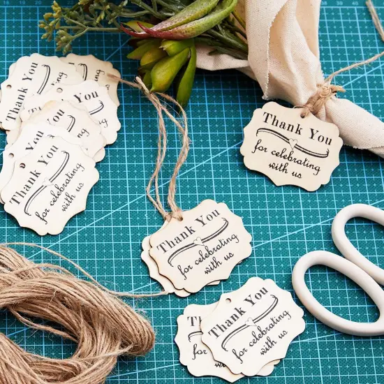 100-Pack Wood Thank You Tags with Twine for Wedding and Baby Shower Party Favors, 1.8 x 2.3 Inches Brown {3}