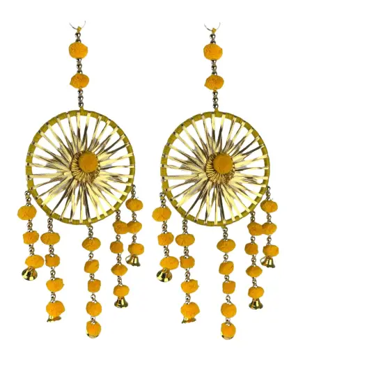 Ring Wall Hanging Woollen Stuffed Rajasthani Traditional Handicraft Set of 2 Wall Art Hanging Wind Chime Decorative Showpiece Diwali Gift Latkan for Home Office Decor Yellow {1}