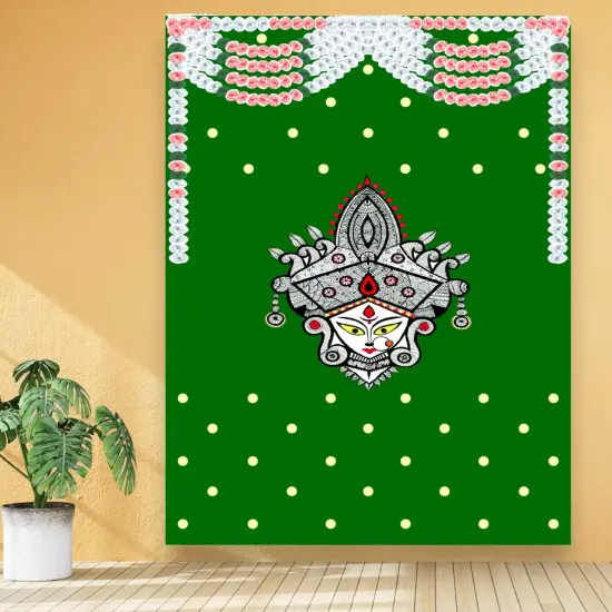 Indian Durga Mata Backdrop Traditional Cloth Durga Pooja Navratri Backdrop Hindu Pooja Decor Indian Wall Art Photo Wall Banner Decorative Hangings Housewarming Gift Green {1}