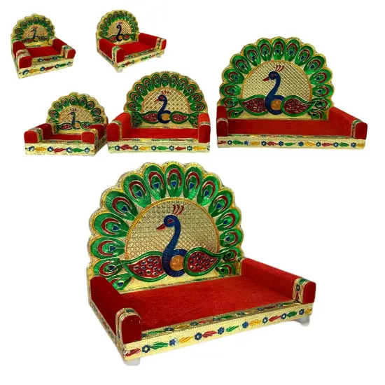Wooden Laddu Gopal Sinhasan for Pooja Mandir Peacock Design Kanha Ji Singhasan Krishna Singhasan Aasan for All God Janamashtami Favor Meenakari Singhasan Housewarming Gift {7}