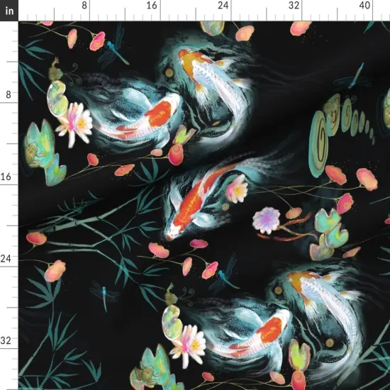 Various Fabrics by the Yard or Fat Quarter Black Koi Fish Japanese Floral Large Scale Decorative Carp Chinoiserie Water Garden Custom Printed Fabric by Spoonflower {1}
