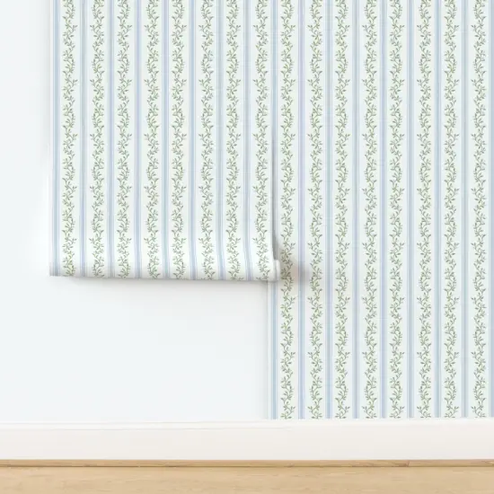 Peel & Stick Wallpaper 2FT Wide Sage Green Stripe Regency Cottagecore Neutral Traditional Soft Blue Pastel Greens Grandmillenial Custom Removable Wallpaper by Spoonflower {2}