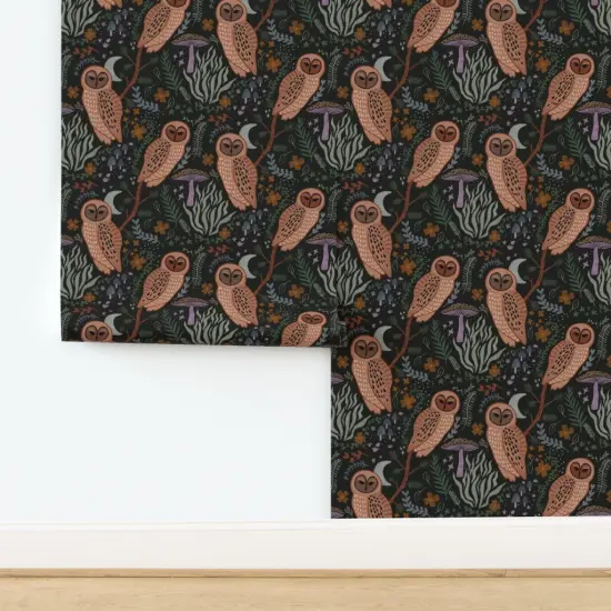 Pre-Pasted Wallpaper 2FT Wide Moody Whimsical Gothic Owls Mushrooms Woodland Creatures Mystical Witchy Dark Academia Whimsigoth Moon Night Sky Witches Large Scale Custom Pre-pasted Wallpaper by Spoonflower {2}