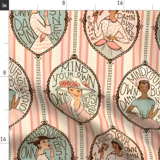 Various Fabrics by the Yard or Fat Quarter Retro Vintage Feminist Conversational Granny Chic Stripes 50S Feminism Cottagecore Grandmillennial Fashion Illustration Women Pink Blue Hat Custom Printed Fabric by Spoonflower {2}
