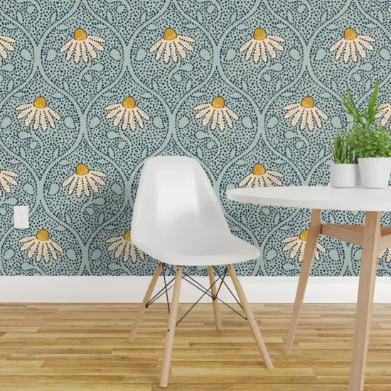 Pre-Pasted Wallpaper 2FT Wide Cottagecore Botanical Blue Flowers Dots Meadow Coneflower Large Scale Cottage Floral Spring Summer Pow Wow Echinacea Garden White Yellow Custom Pre-pasted Wallpaper by Spoonflower {1}