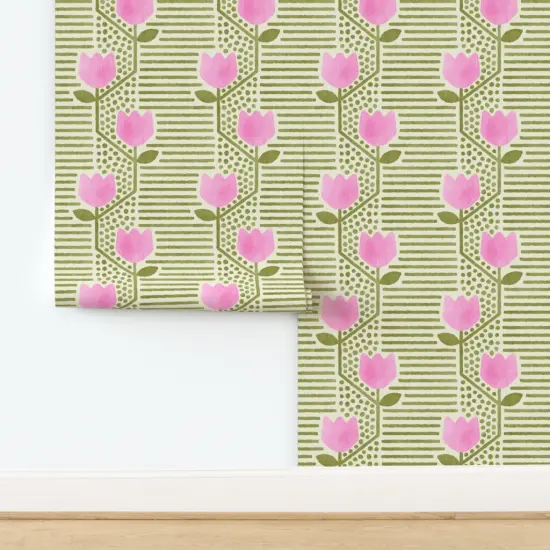 Pre-Pasted Wallpaper 2FT Wide Horizontal Stripes Vertical Floral Mixed Print Faux Texture Garden Trellis Large Scale Watercolor Custom Pre-pasted Wallpaper by Spoonflower {2}