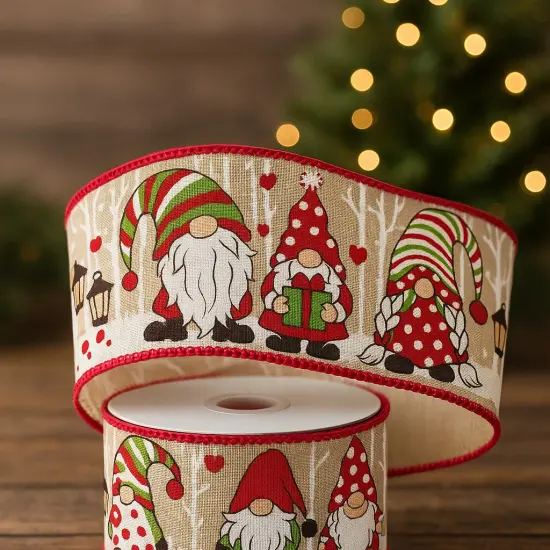 Designer&rsquo;s Shop WR 63-5203 Christmas Gnome Wired Edge Ribbon &ndash; 2.5" x 10 Yards &ndash; Red Green Striped Hats & Holiday Lanterns on Natural Burlap {4}