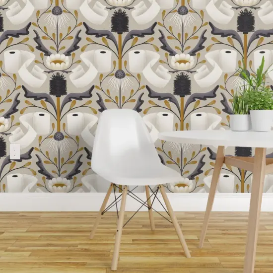 Pre-Pasted Wallpaper 2FT Wide Abstract Bathroom Toilet Paper Damask Novelty Washroom Funny Bath Brush Flowers Floral Dots Jokes Custom Pre-pasted Wallpaper by Spoonflower {1}