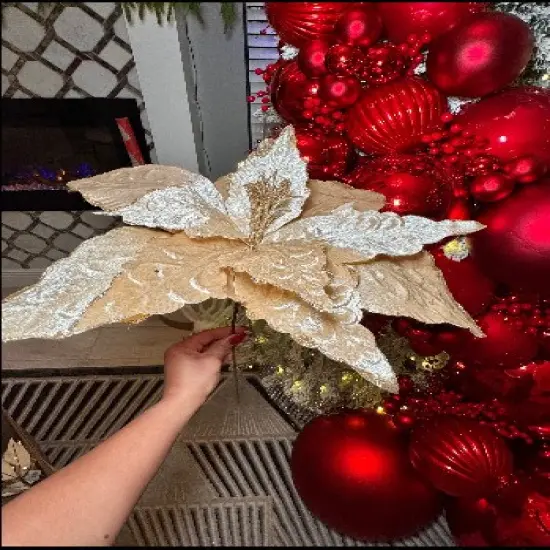 Extra Large Champagne Velvet Glittered Poinsettia Christmas Flower Set of 3 {3}
