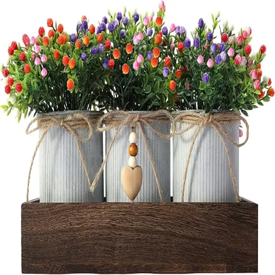 Decorative Centerpiece Wooden Tray with 3 Metal Potted Artificial Milan Flowers Rustic Country Farmhouse D&eacute;cor for Dining Room, Living Room and Kitchen Table {1}