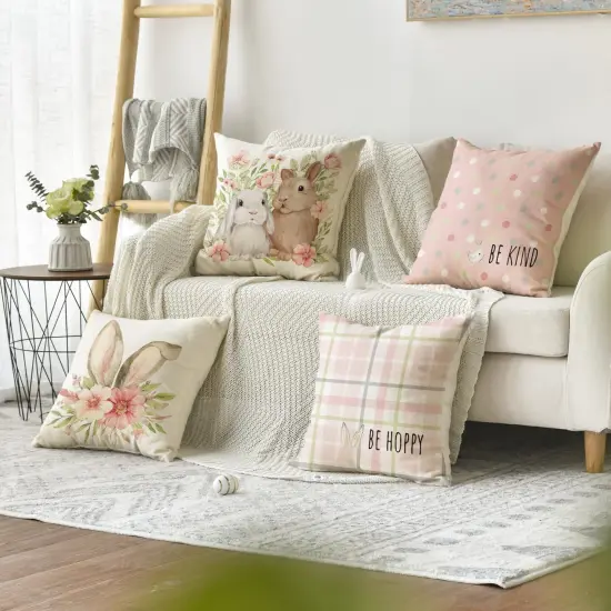 AVOIN colorlife Easter Rabbit Flower Buffalo Plaid Be Hoppy Throw Pillow Cover, 18 x 18 Inch Polka Dot Bird Be Kind Cushion Case Decoration for Sofa Couch Set of 4 {5}