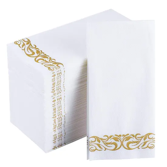 JOLLY CHEF 100 Disposable Hand Towels, Soft and Absorbent Linen Feel Dinner Napkin, Elegant Decorative Paper Guest Towels for Kitchen, Bathroom,Weddings,Parties, Gold and White {1}