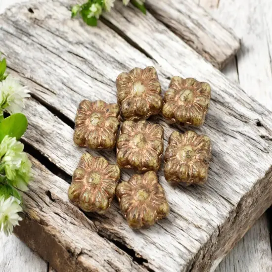 *13* 11mm Bronze Washed Ivory Travertine Square Zinnia Flower Beads {2}