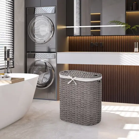 Seville Classics Handwoven Lidded Oval Double Laundry Hamper Gray {2}