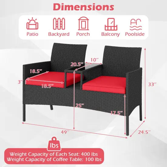Black PE Rattan Loveseat with Cushions, Built-In Coffee Table and 2-Tier Storage Red {3}