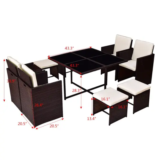 9-Piece Brown PE Rattan Dining Set with Cushions & Tempered Glass Table {2}