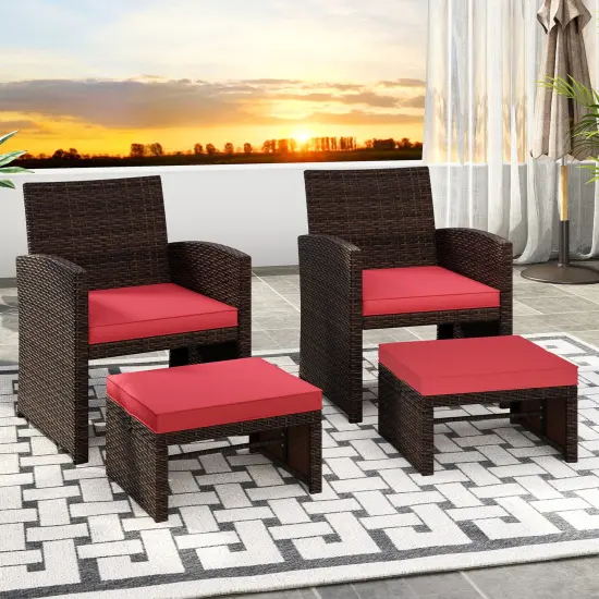 2 Piece Mix Brown Rattan Ottoman Footstool with Cushions, Metal Frame and 400 lbs Capacity Red {2}