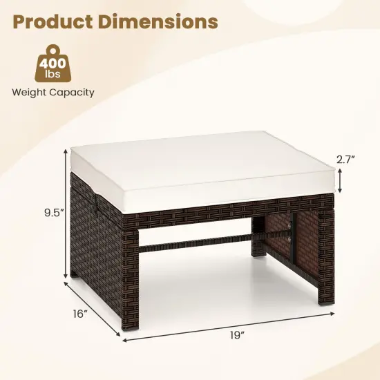 2 Piece Mix Brown Rattan Ottoman Footstool with Cushions, Metal Frame and 400 lbs Capacity White {4}