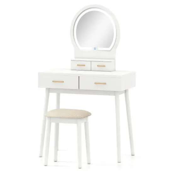 Wood MDF Vanity Table with LED Mirror, Storage Drawers and Stool White {1}