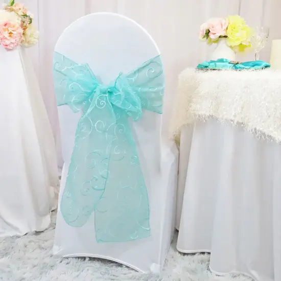 10 Pieces Pool Blue Embroidered Organza Chair Sashes 8"x108" Elegant Event Decor Accents {2}