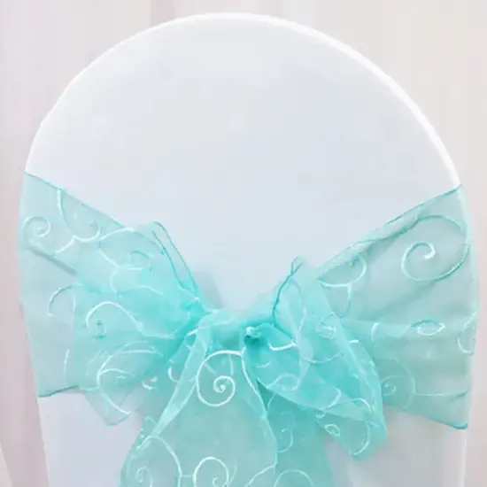10 Pieces Pool Blue Embroidered Organza Chair Sashes 8"x108" Elegant Event Decor Accents {3}