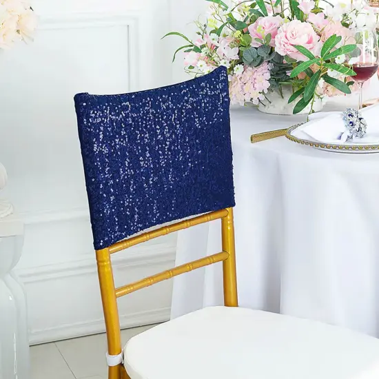 1 Piece Navy Blue Sequin Spandex Chair Cap 13.5 inch by 10 inch Wedding Cover {3}