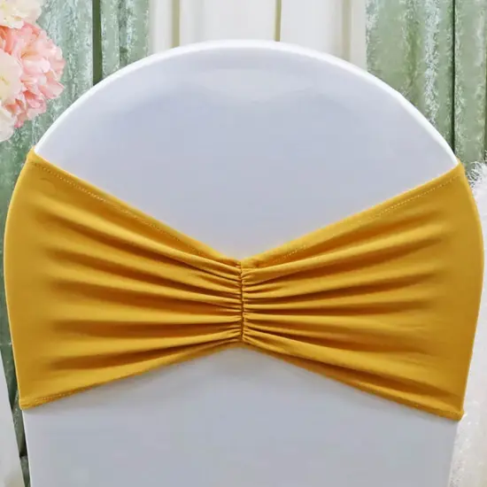 10 Pieces Gold Ruffled Spandex Chair Bands for Luxurious Event Styling 8x13 inches {3}