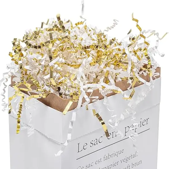 2 LB Crinkle Cut Paper Shred Filler White & Gold Crinkle Shredded Paper for Gift Box - Gift Basket Bag Filler - Grass Cushion Stuffing for Christmas Holiday Packaging Wrapping {2}