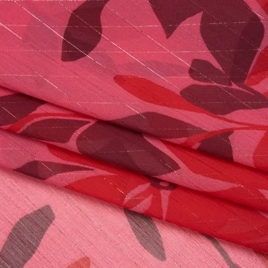 1 Yard Dark Pink Floral Polyester Chiffon with Metallic Pinstripes 56 Inch Wide {1}