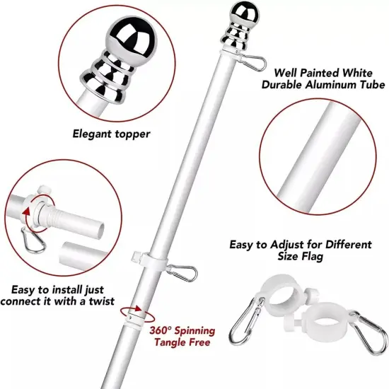 Tangle Free Spinning Flag Pole Aluminum 6FT Two Piece Design Durable Rust Free Silver gray {6}