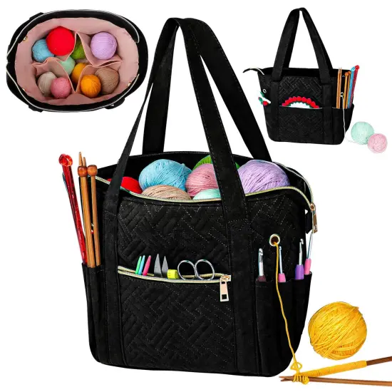 Crochet Bag Organizer for Yarn Storage, Velvet Knitting Tote Bag with Double Handle for Crochet Accessories, Portable Travel Case for Yarn Balls, Crochet Hooks& Knitting Needles Holder (Black) {1}