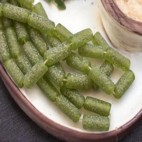 10x25mm Matte Peridot Pompeii Tube Beads (18" Strand) - Indonesian Glass Beads {4}