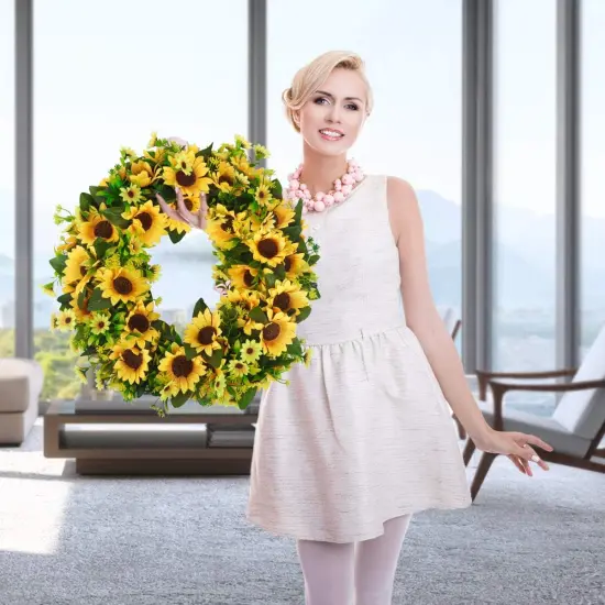 Artificial Sunflower Wreath 20 Inch Summer Fall Large Wreaths Springtime {3}