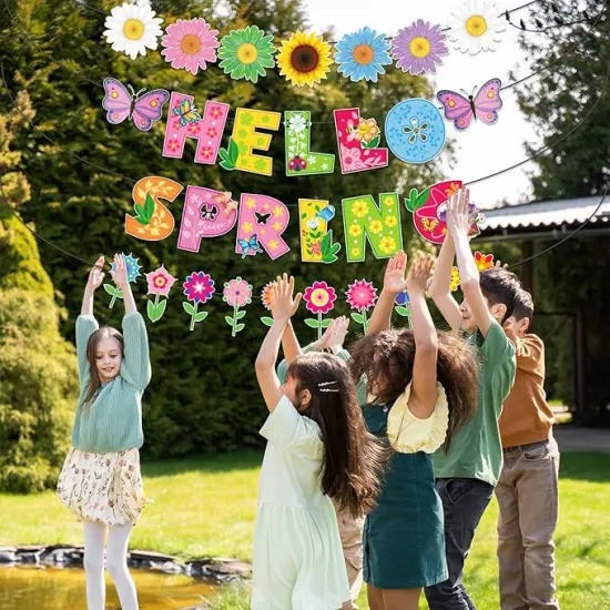 Spring Banner, NO-DIY Spring Decorations includes Hello Spring Banner, Spring Flower Garland and Spring Garland, Spring Party Decorations for Spring Easter Mantel Fireplace Hanging Decor {2}