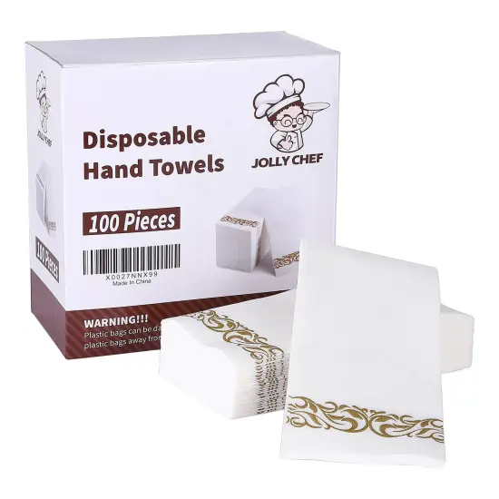 JOLLY CHEF 100 Disposable Hand Towels, Soft and Absorbent Linen Feel Dinner Napkin, Elegant Decorative Paper Guest Towels for Kitchen, Bathroom,Weddings,Parties, Gold and White {2}