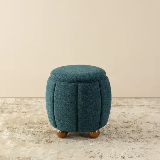 19"H Boucle Upholstered Storage Ottoman Stool with Rubberwood Feet Blue {2}