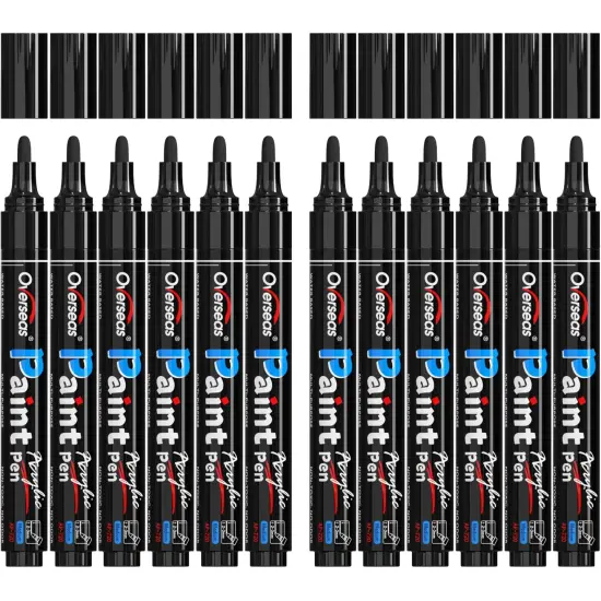 Overseas Black Paint Pens Paint Markers - Permanent Acrylic Markers 12 Pack, Water-Based, Quick Dry, Waterproof Paint Marker Pen for Rock, Wood, Plastic, Metal, Canvas, Glass, Fabric, Mugs. Medium Tip {1}