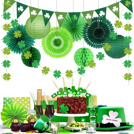 zilue St Patricks Day Decorations, Green Party Supplies Four-leaf Clover Garland Tissue Paper Fan Paper Lantern for Irish Party Saint Patricks Day Decor {3}