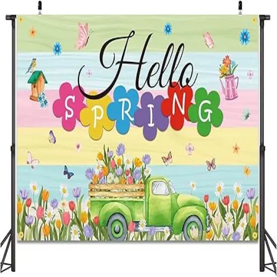 Hello Spring Backdrop Banner 71 x 45 Inch Large Colorful Spring Truck Tulips Flowers Background Banner Spring Easter Holiday Party Decorations Spring Break Indoor Outdoor Photo Booth Props {4}