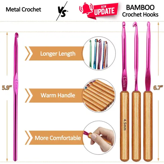 Bamboo Crochet Hooks Comfort Grip, 6.7" Crochet Kit Longer Aluminum Shaft Crochet Needles for Crocheting, Ergonomic Knitting Hooks Set for Crochet Yarn Craft, Premium Knitting Crochet Supplies {6}
