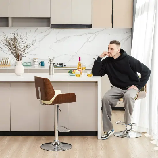 Set of 2 Mid-century Modern Leatherette Adjustable Height Swivel Bar Stool with Black Metal Base Beige {3}