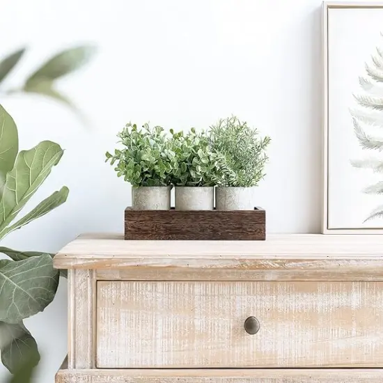 3 Pack Mini Potted Artificial Eucalyptus Fake Plants with Wood Tray Centerpiece Table Decorations {3}