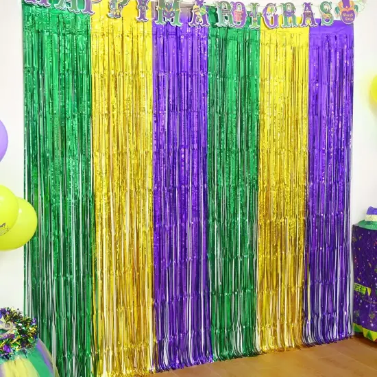 Mardi Gras Party Decorations 2 Pack 3.3 X 6.6 ft Green Gold Purple Metallic Tinsel Foil Fringe Curtains Photo Booth Props Background Decor Backdrop Streamer for Mardi Gras Carnival Birthday {1}