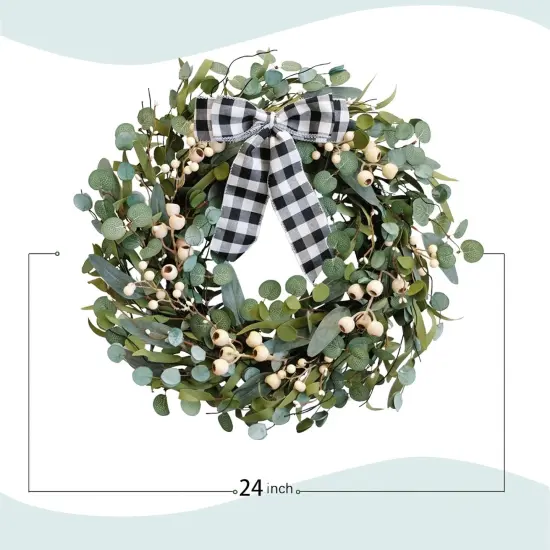 Artificial Spring/Summer Wreath 24 Inch Evergreen Wreaths for Front Door Eucalyptus Wreath with Berries for Outside All Seasons Indoor Outdoor Decor {3}