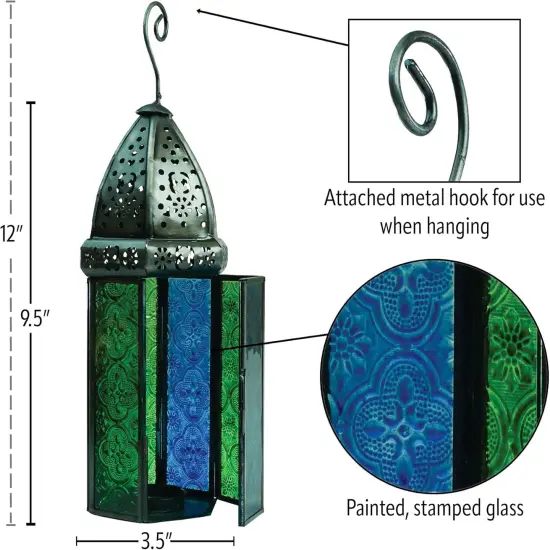 In the Breeze 9212 — Blue & Green Large Hex Tealight Lantern — Moroccan-Style Boho Chic Tealight Glass and Metal Tabletop Lantern {5}